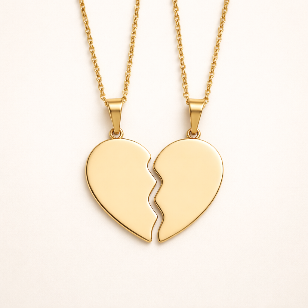 Detailed view of the interlocking jagged edges of a gold plated broken heart necklace set.