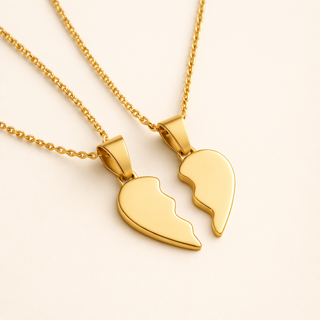 Angled close-up view of the two 18k gold plated broken heart necklace halves, showing the high-shine finish and interlocking edges on a neutral background.
