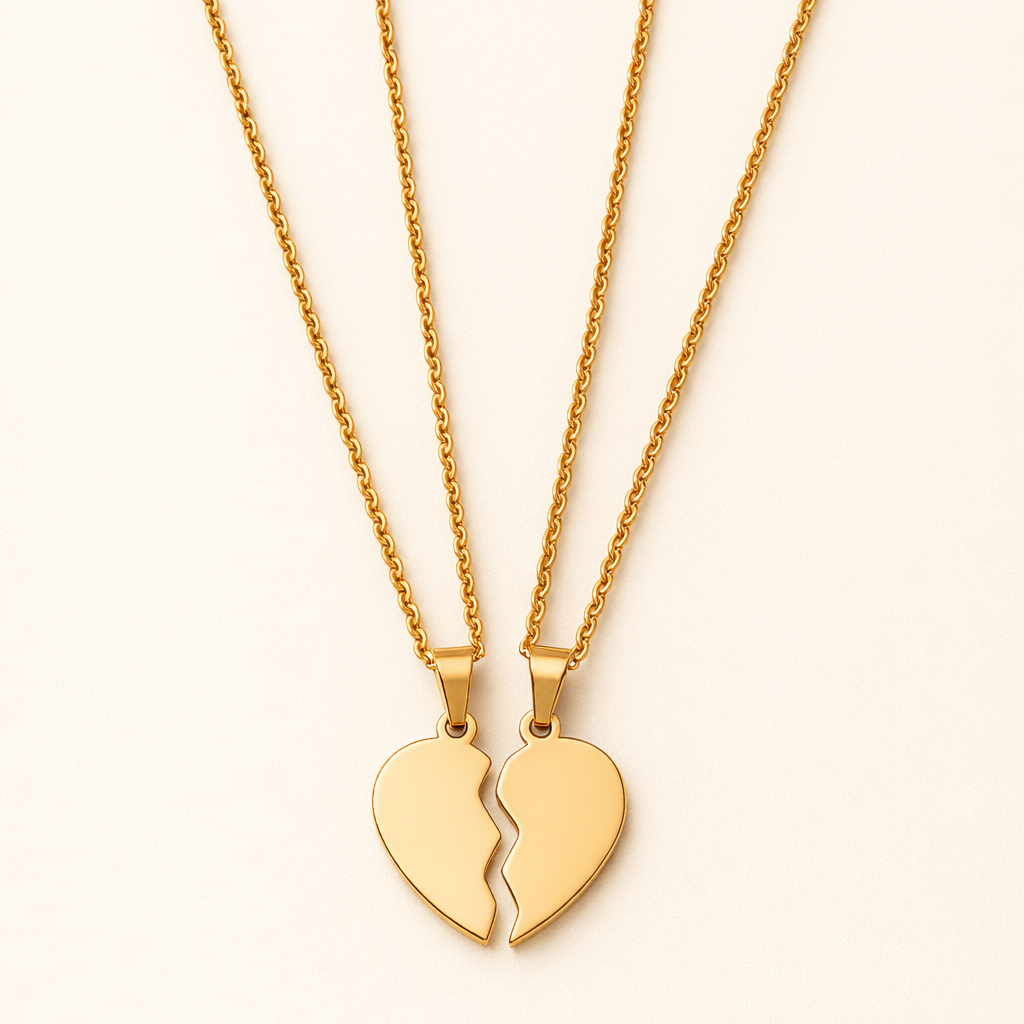 Pair of 18k gold plated heart necklace halves hanging on delicate gold chains against a neutral background.