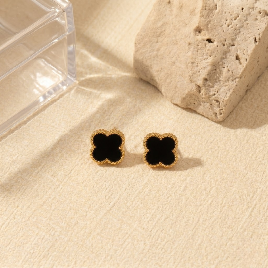Luxury black clover stud earrings with beaded gold borders by The Gift Maison