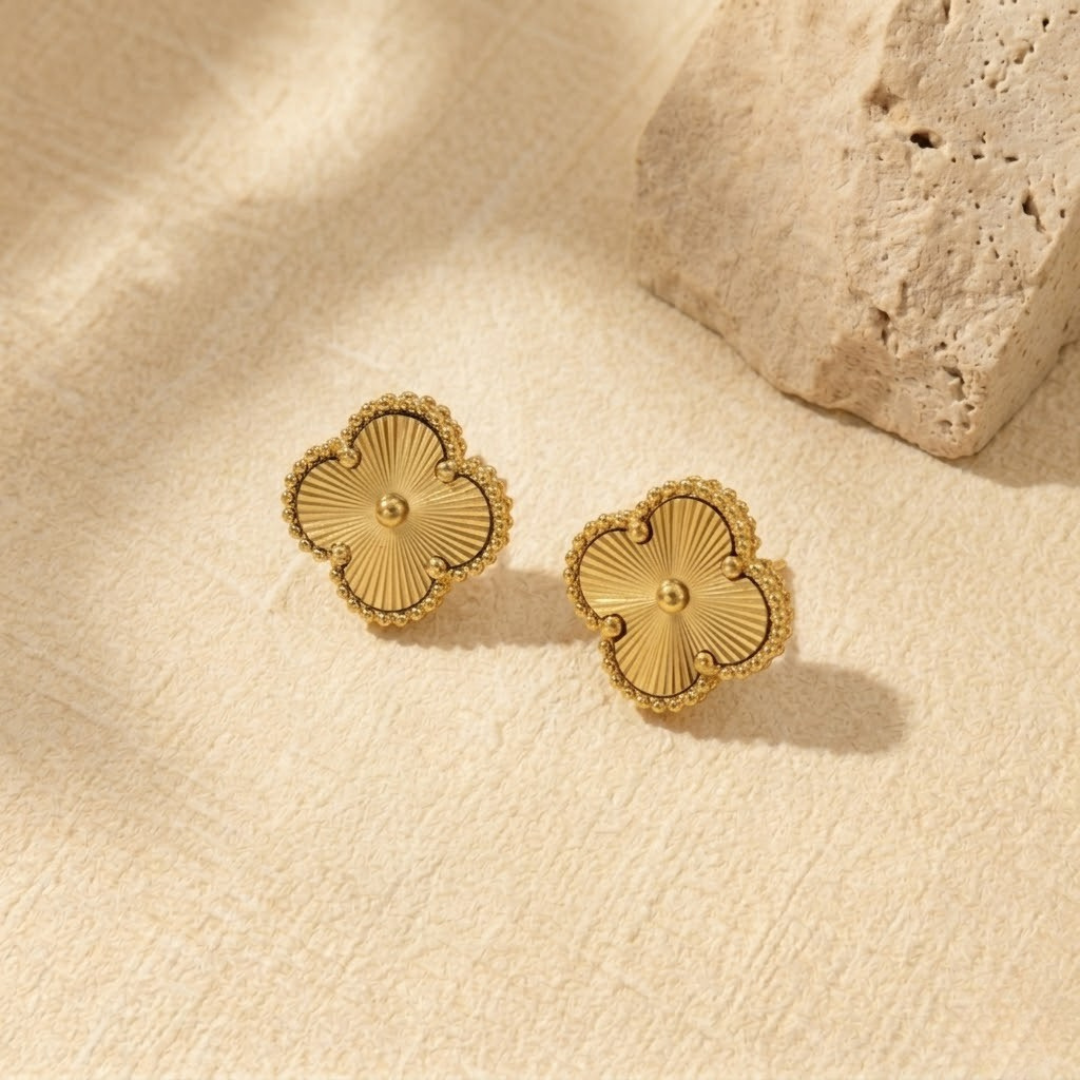 The Gift Maison textured 18K gold clover stud earrings with beaded borders