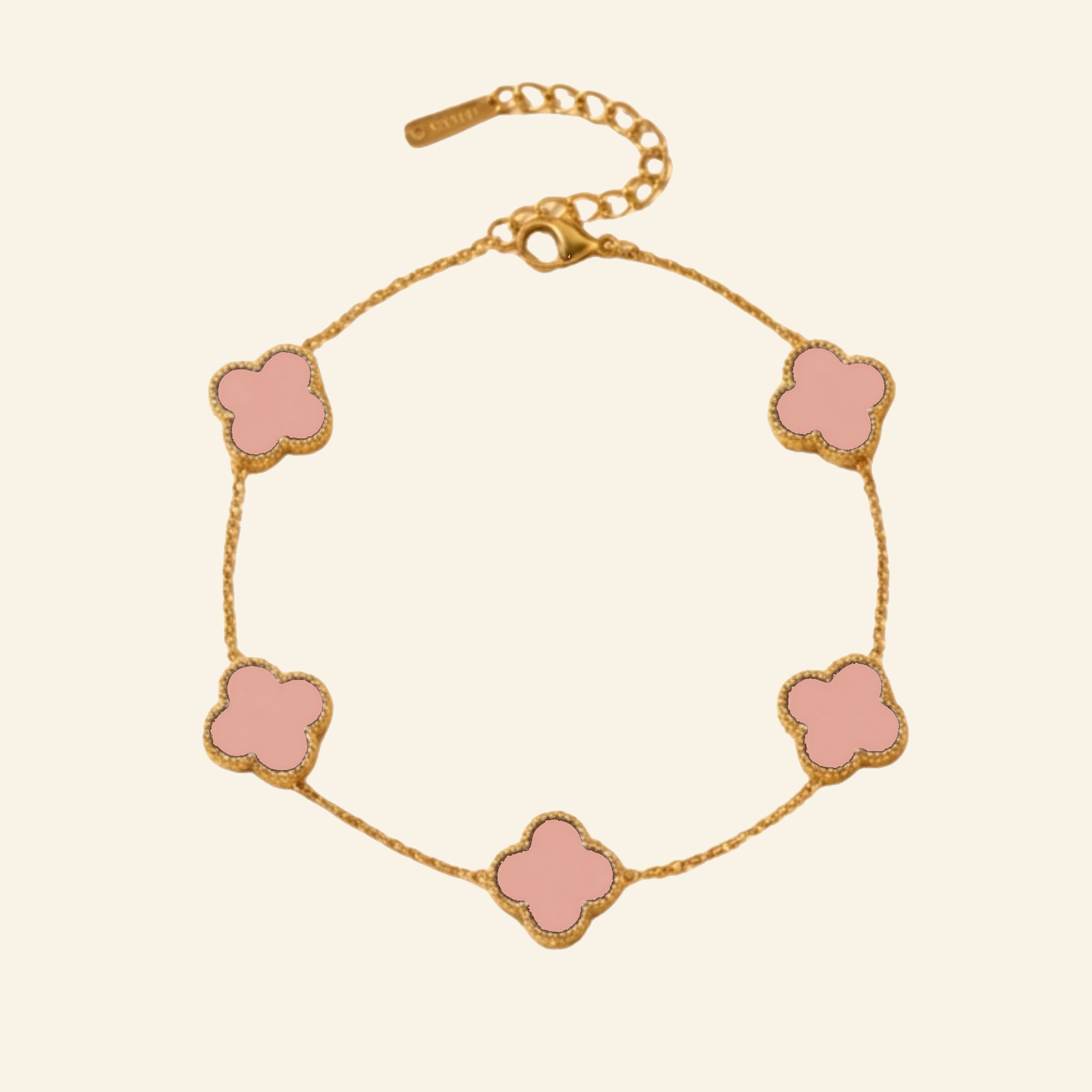 Coral pink clover bracelet, 18k gold plated