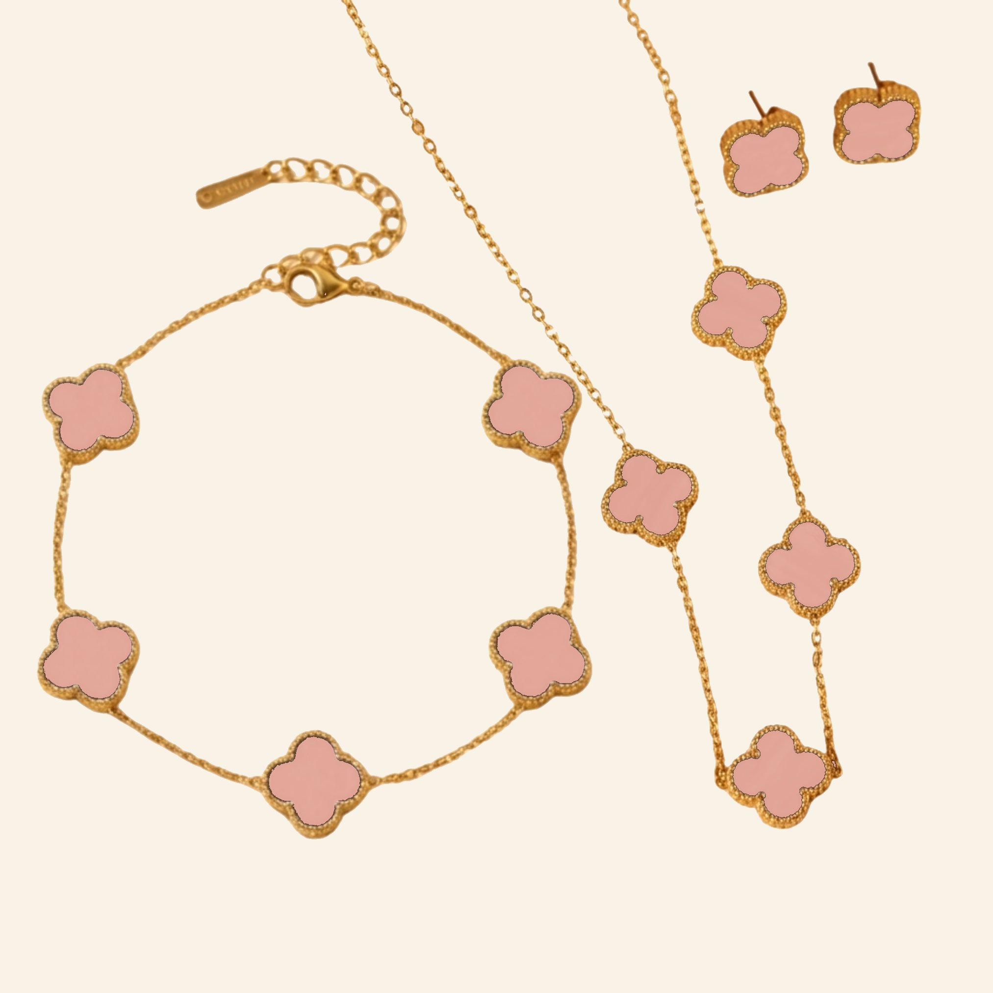 Pink clover jewellery set in coral and 18k gold plate