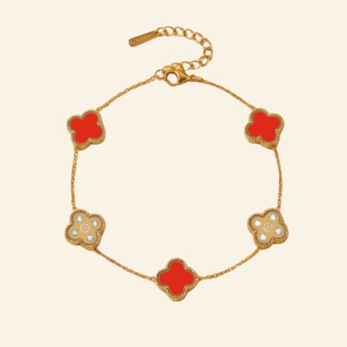 Red and gold two tone clover bracelet with cubic zirconia