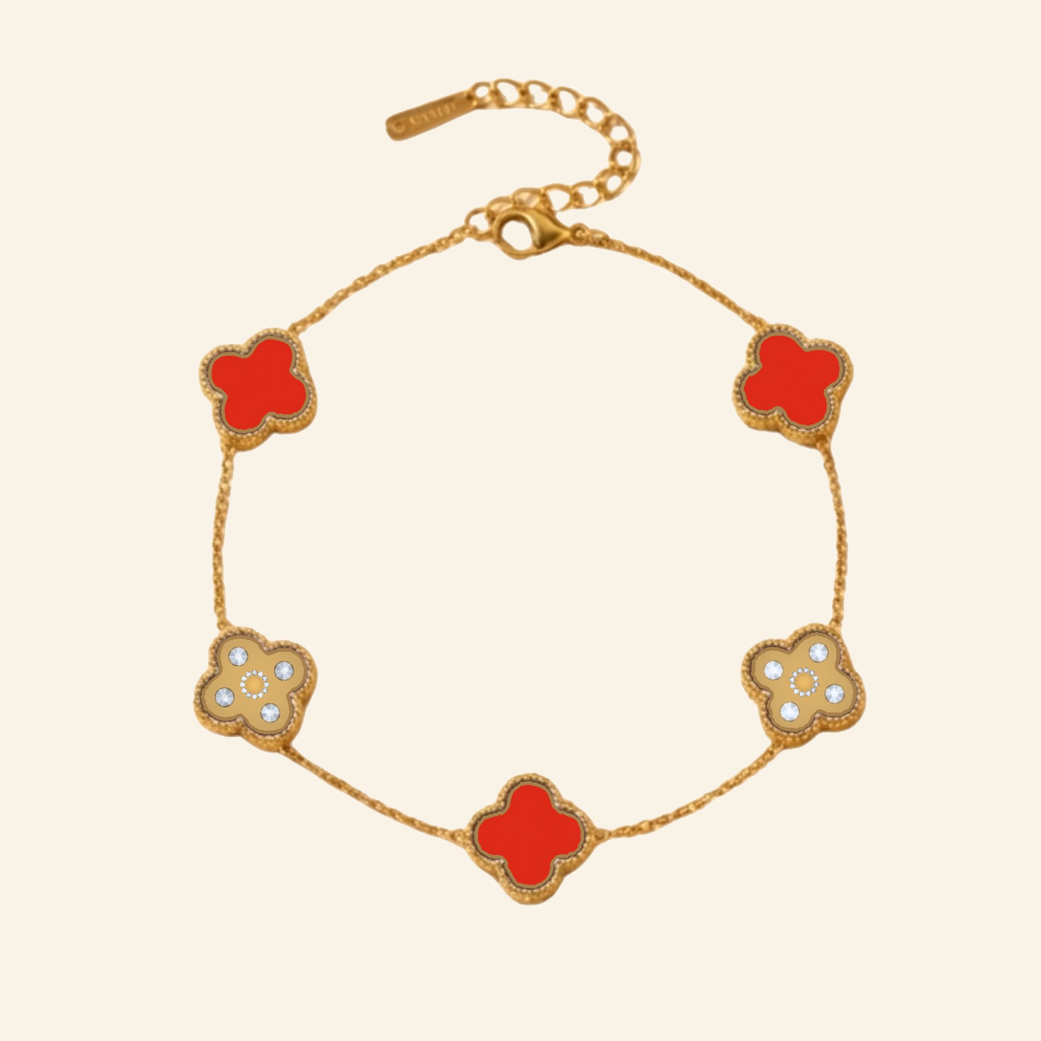 Red and gold two tone clover bracelet with cubic zirconia