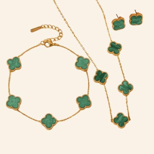 Green clover jewellery set in malachite style and gold