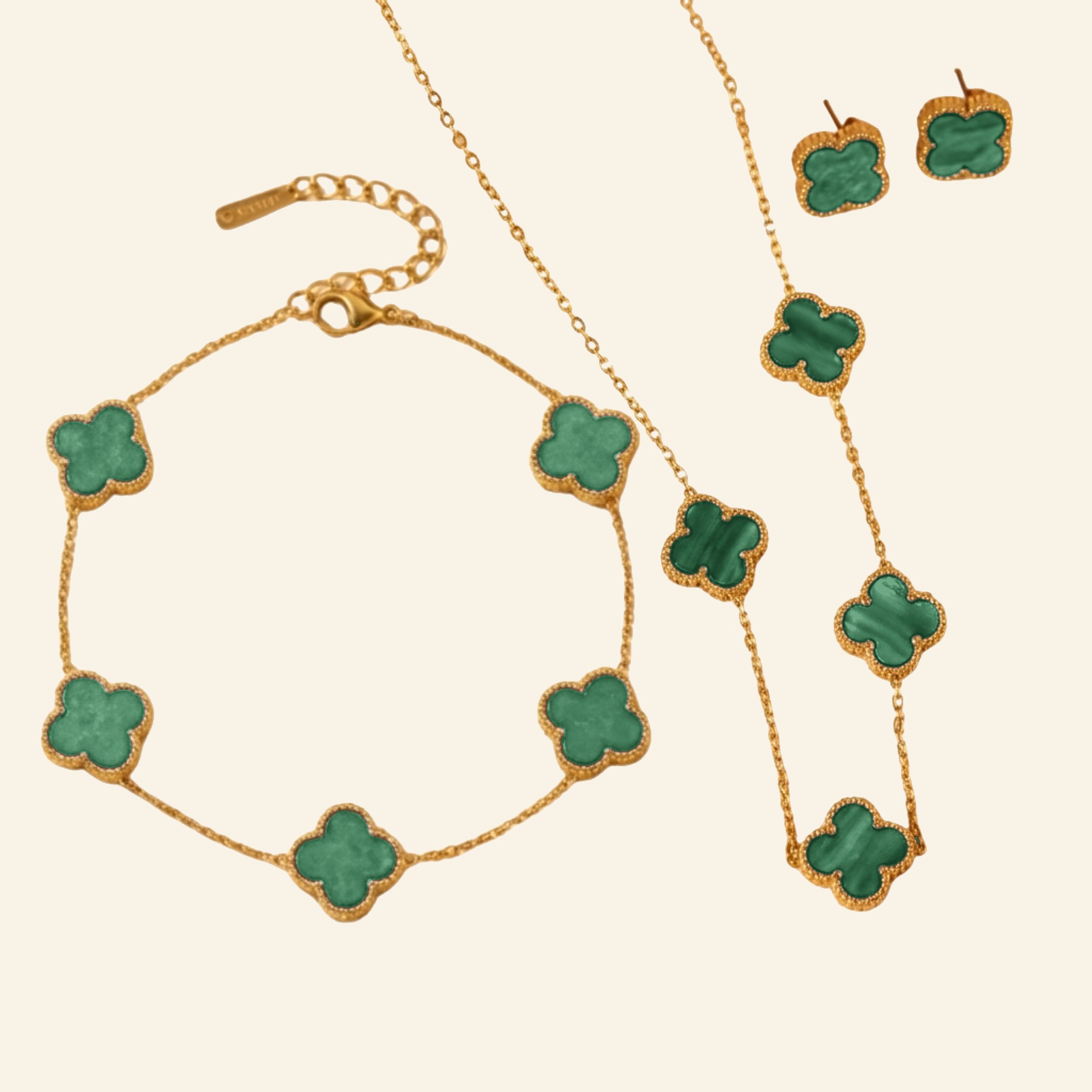 Green clover jewellery set in malachite style and gold
