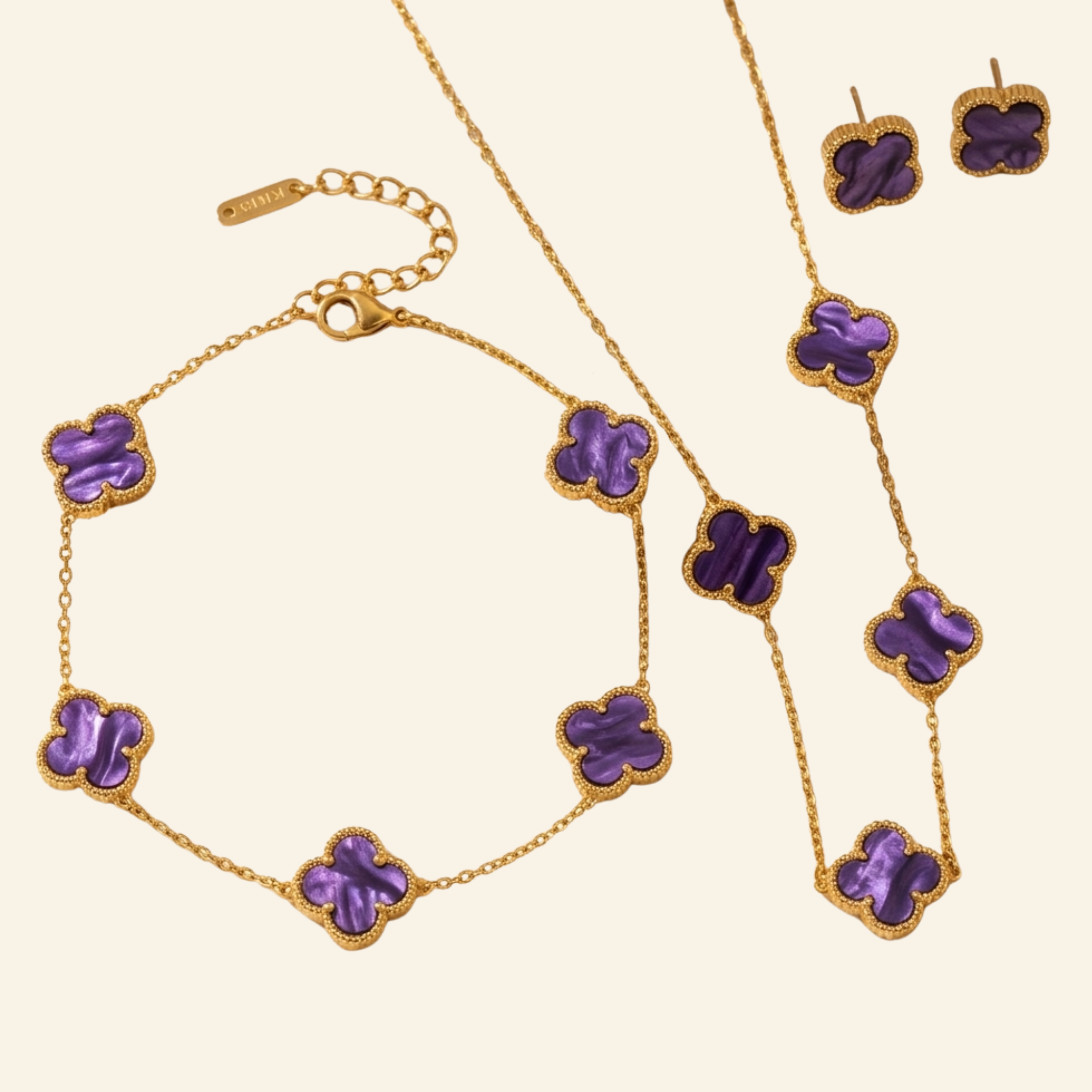 Purple clover jewellery set in 18k gold plated finish