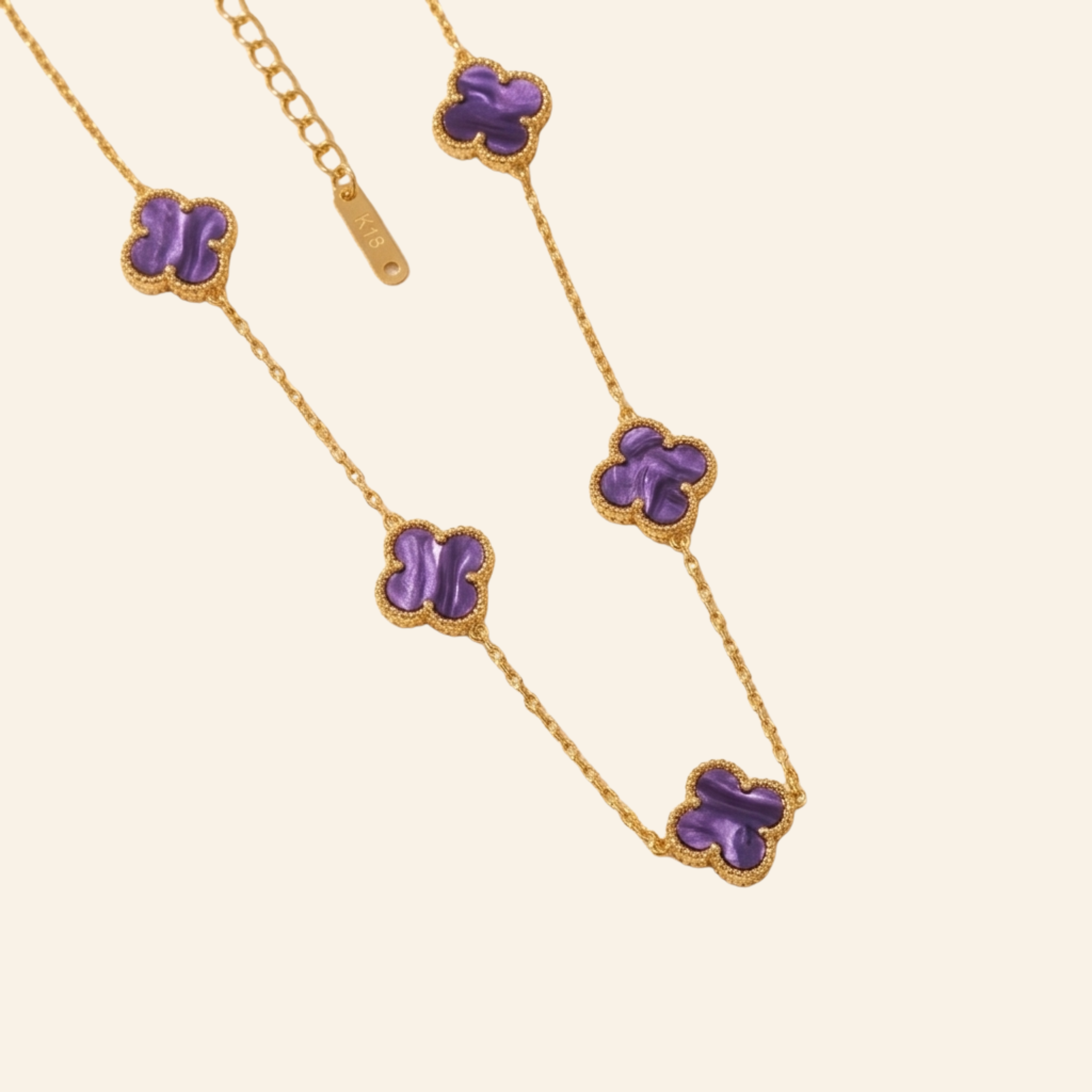 Purple four leaf clover necklace, gold plated