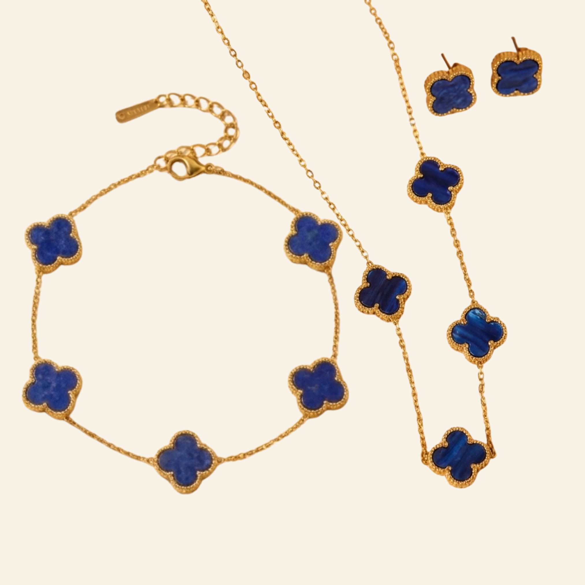 Royal blue clover jewellery set in 18k gold plate