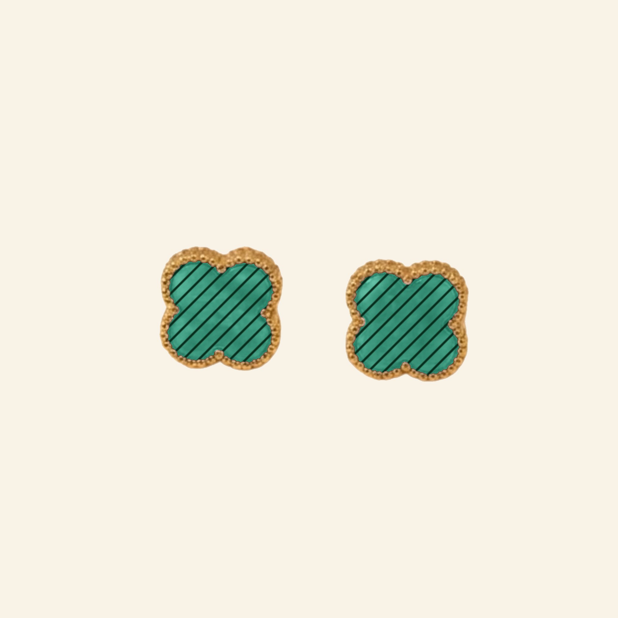 Striped green clover stud earrings, gold plated