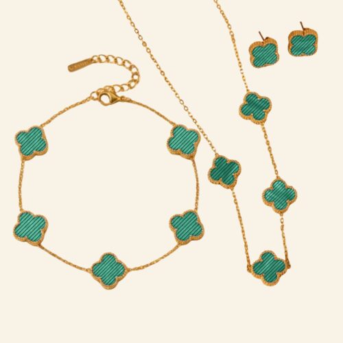 Striped green clover jewellery set with banded malachite petals