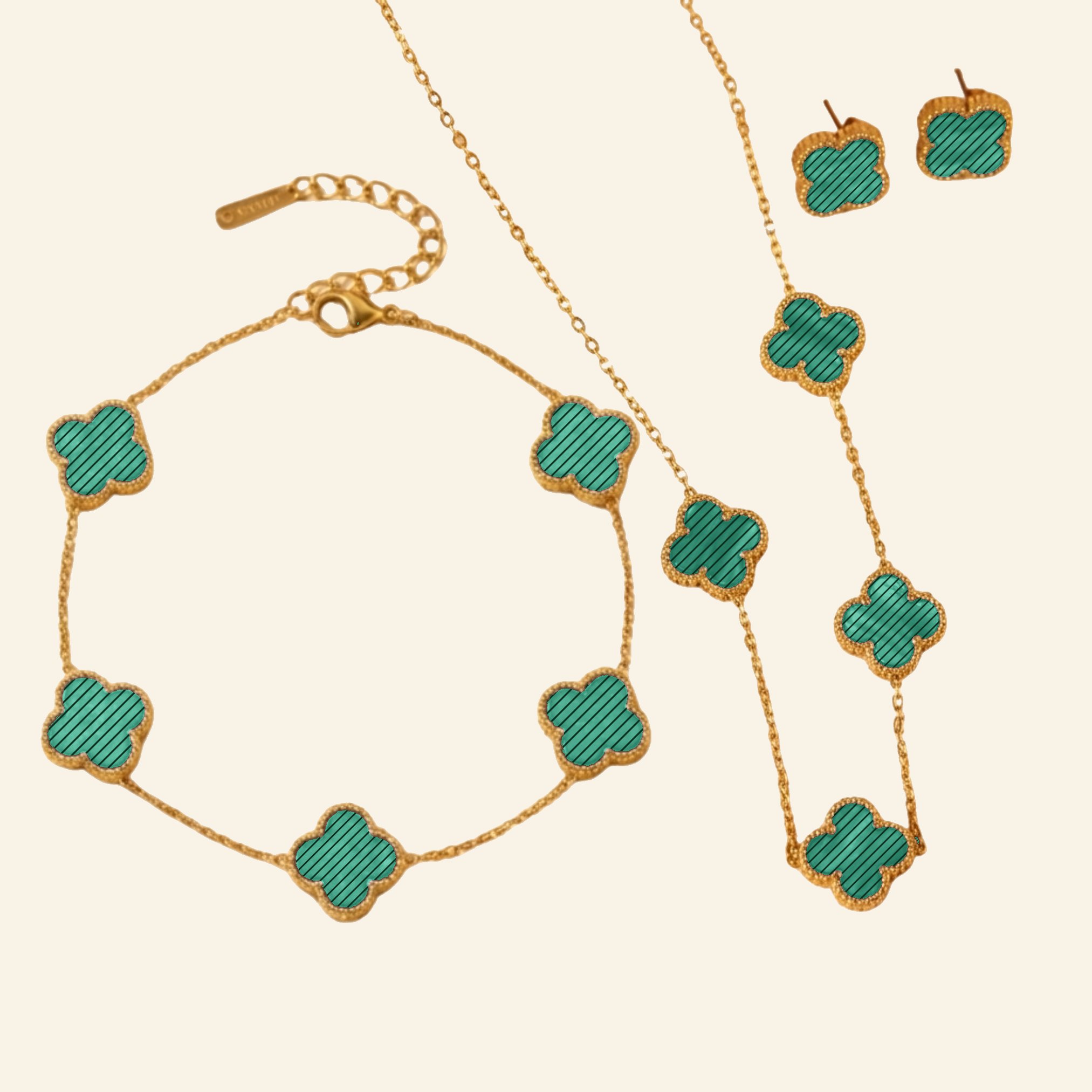 Striped green clover jewellery set with banded malachite petals
