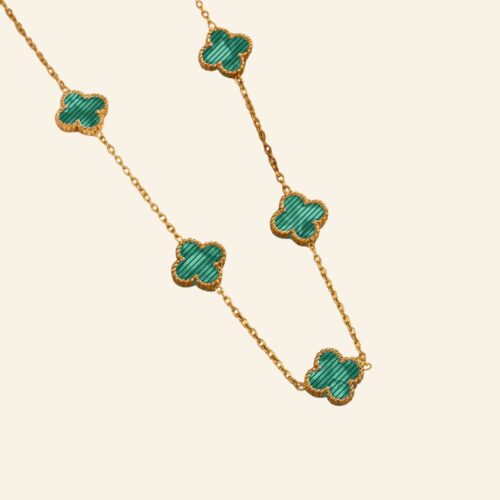 Striped green clover necklace, 18k gold plated