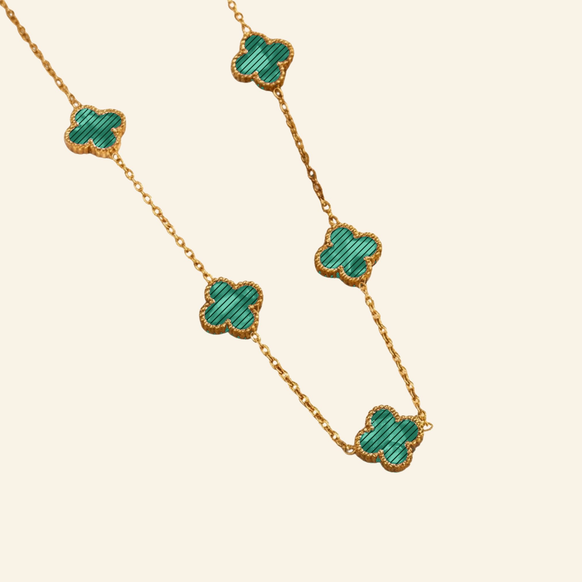 Striped green clover necklace, 18k gold plated
