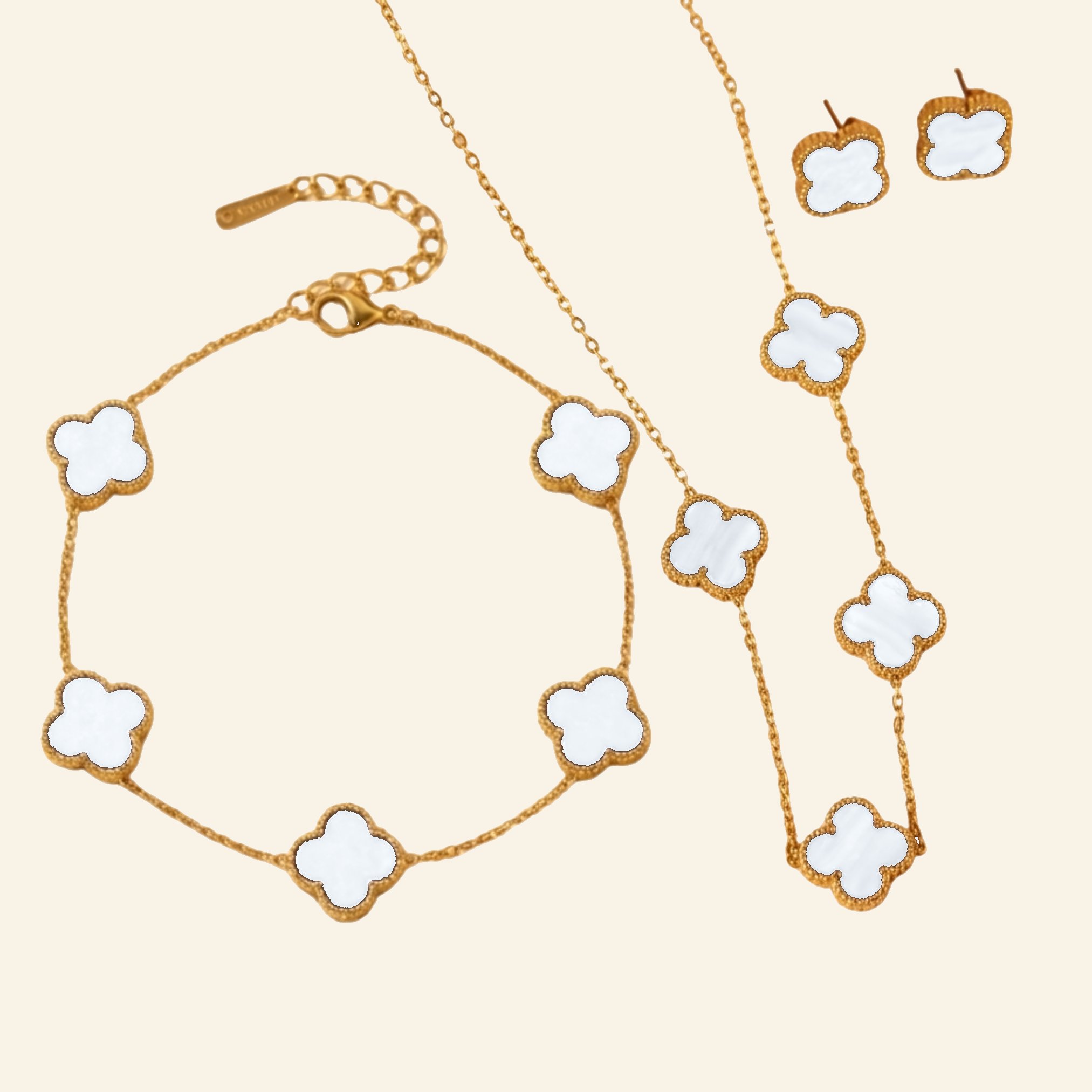 White clover jewellery set with mother of pearl style petals