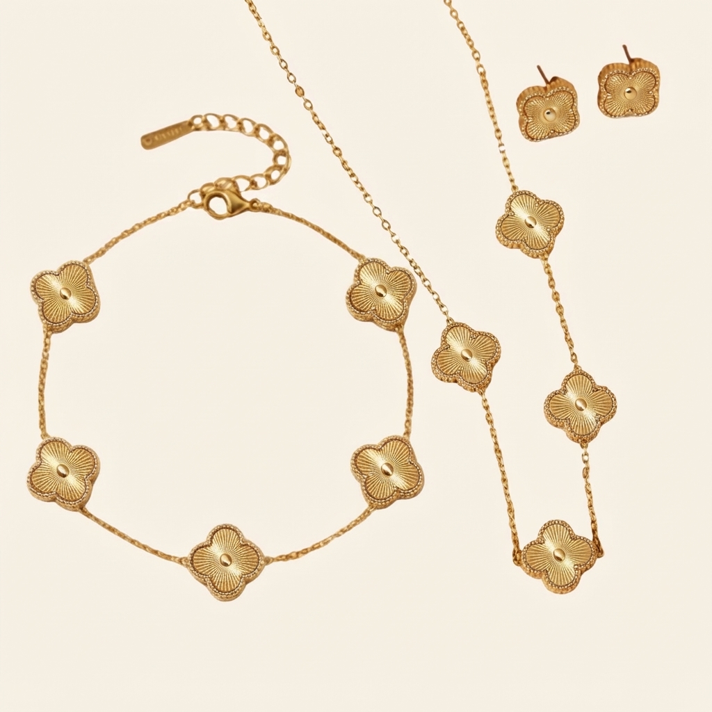 5 clover jewellery set gold plated necklace bracelet earrings