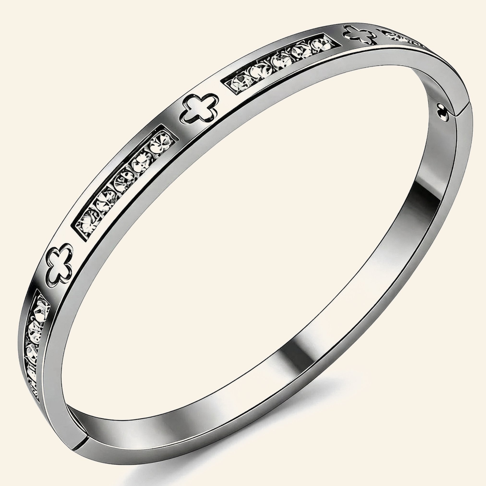 Silver crystal clover bangle with clover cut-outs and channel-set crystals