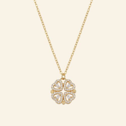 Gold four leaf clover pendant made of four crystal hearts on a fine chain