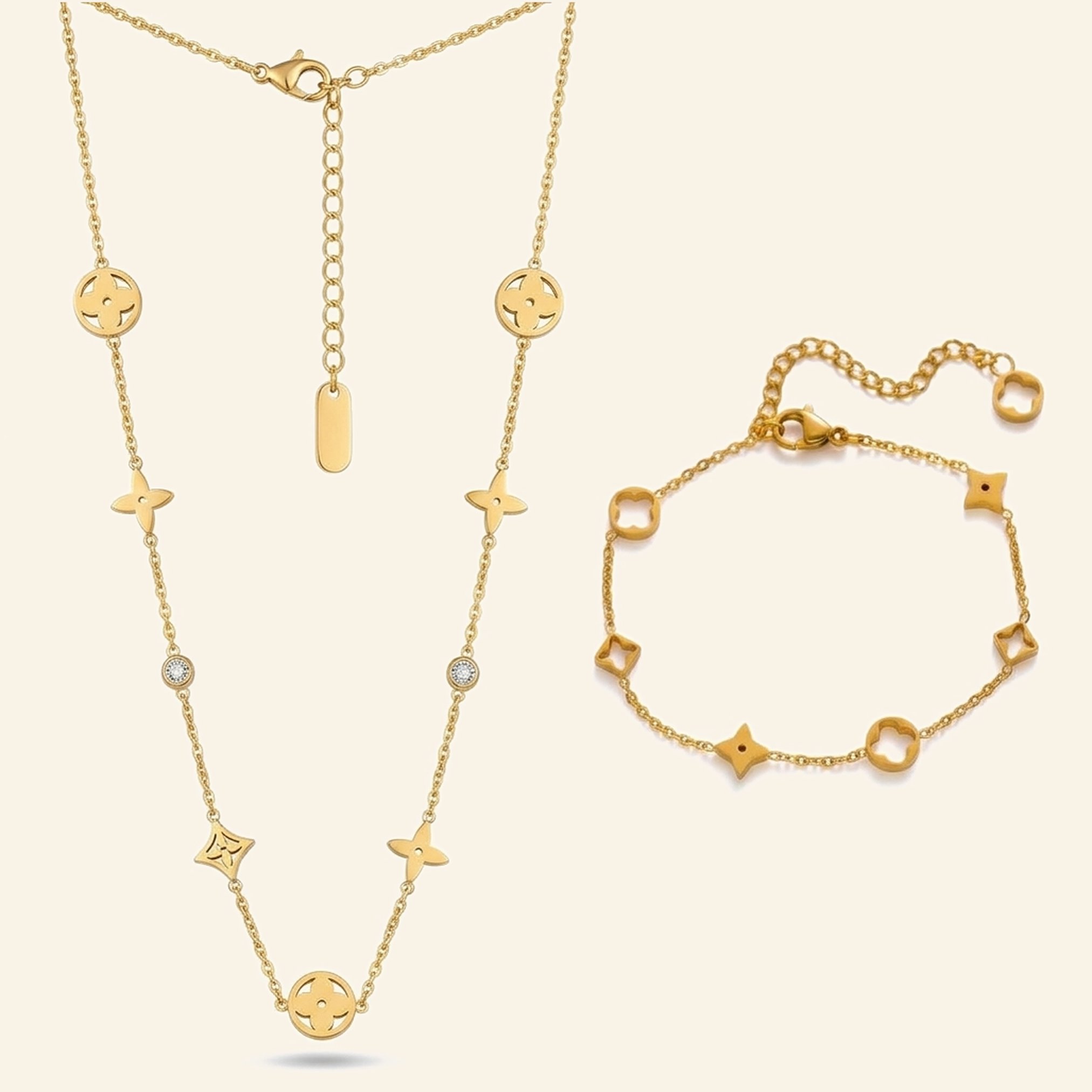 Matching gold multi-charm necklace and bracelet with medallion and star charms