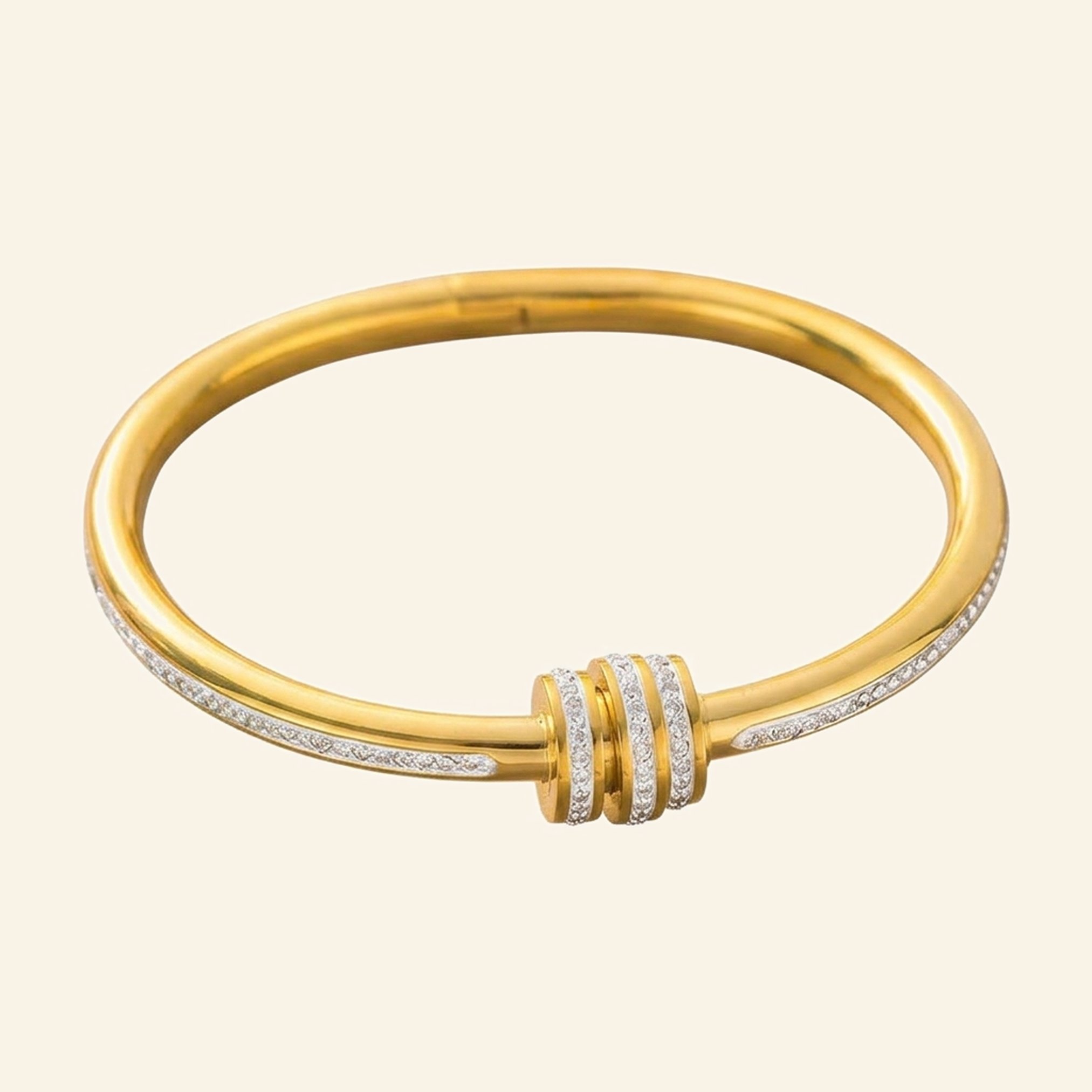 Gold multi ring bangle with crystal-set bands wrapped around the centre