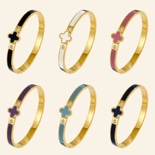 Six gold enamel clover bangles in black, white, pink, purple, light blue and dark blue