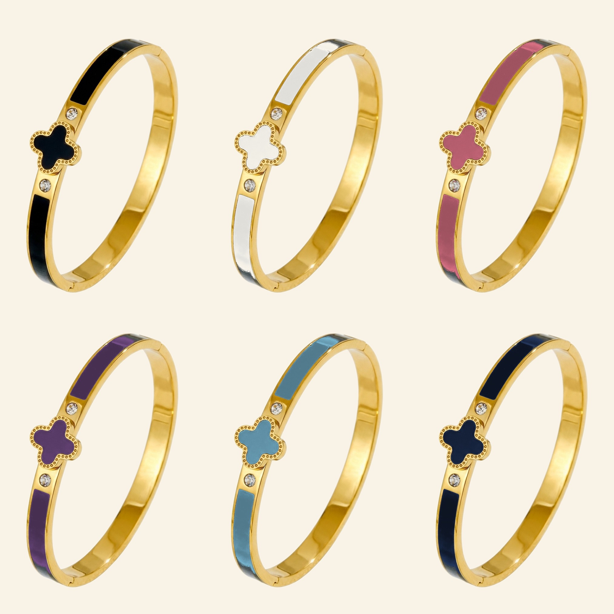 Six gold enamel clover bangles in black, white, pink, purple, light blue and dark blue