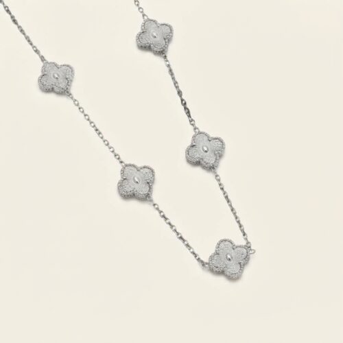Silver necklace with five textured four-leaf clovers