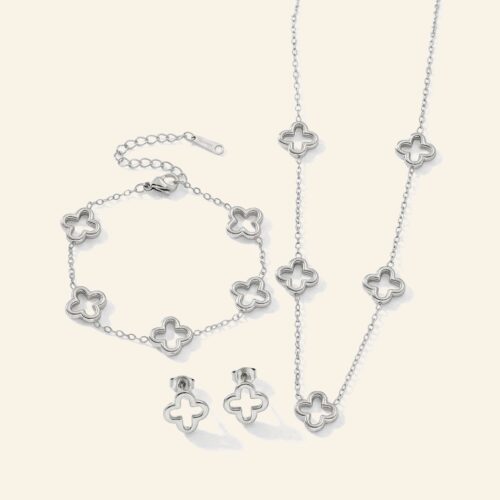 Silver hollow clover set: necklace, bracelet and stud earrings