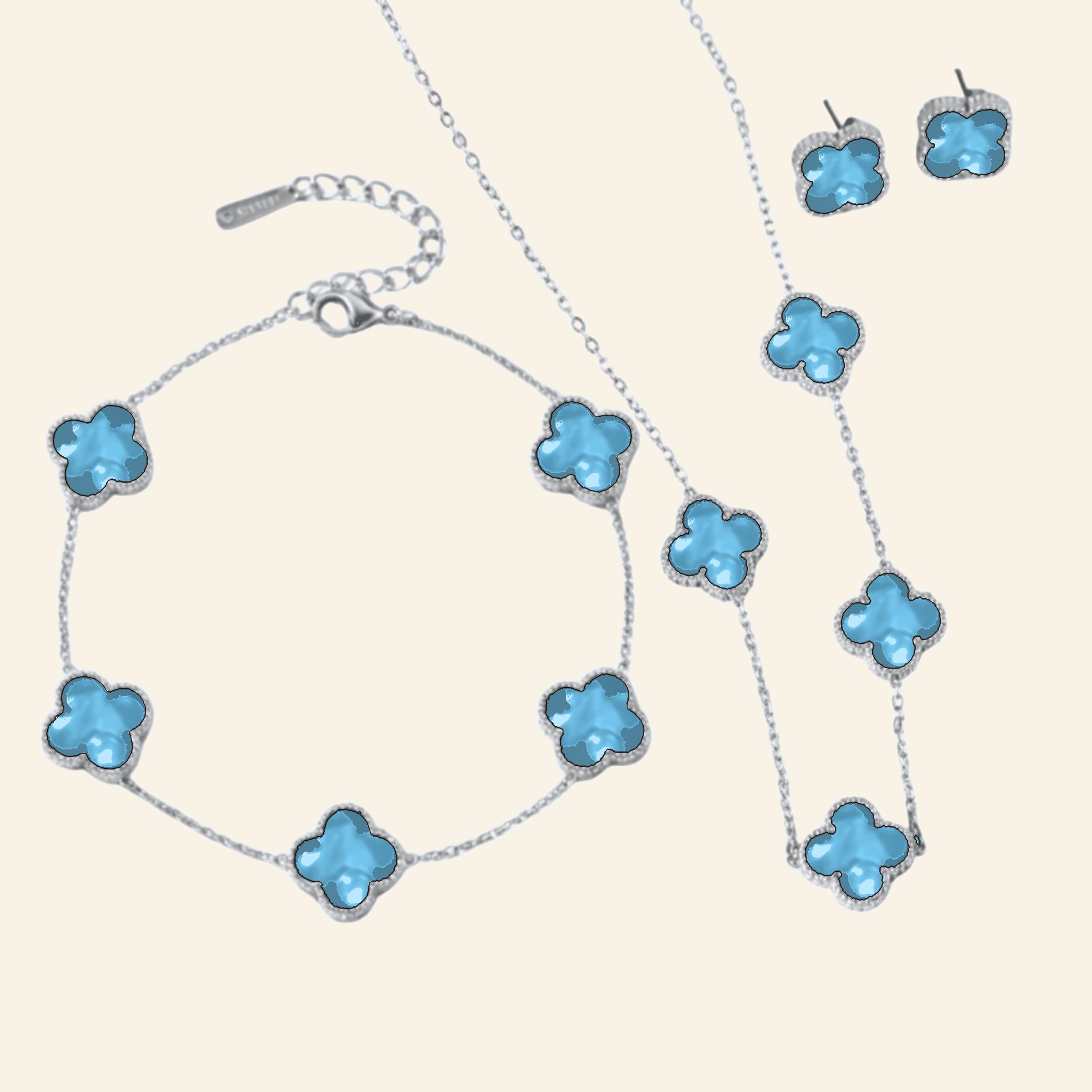 Silver turquoise clover jewellery set: necklace, bracelet and stud earrings