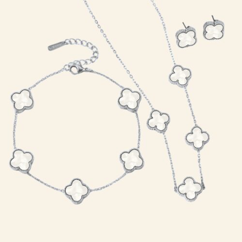 Silver white clover jewellery set: necklace, bracelet and stud earrings