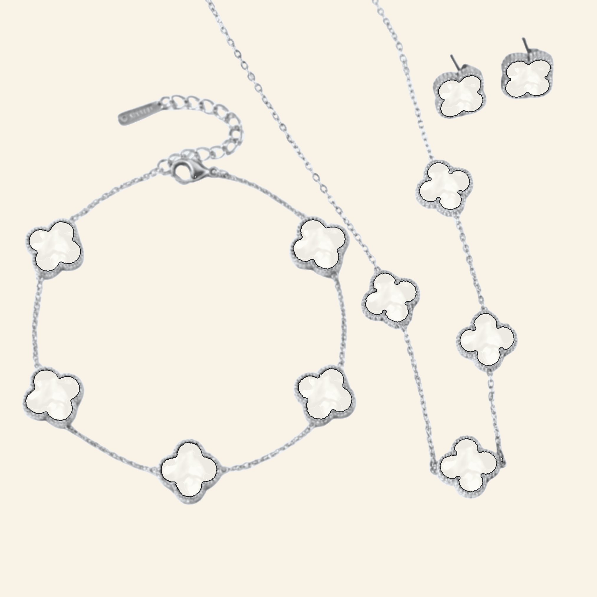 Silver white clover jewellery set: necklace, bracelet and stud earrings