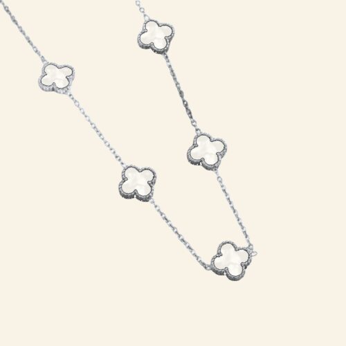 Silver plated necklace with white pearl-style clover stations