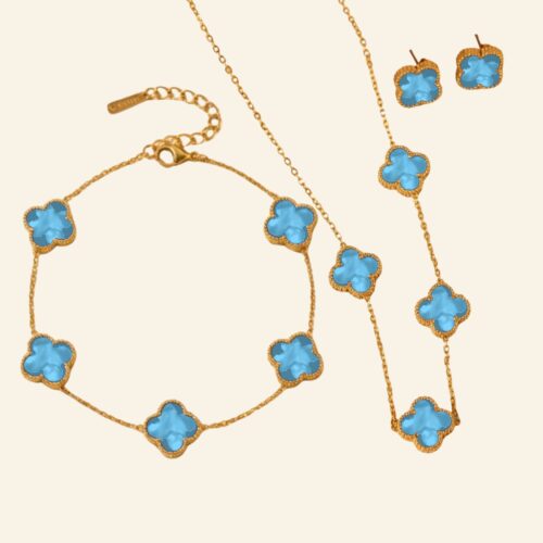 Turquoise clover jewellery set in gold: necklace, bracelet and stud earrings