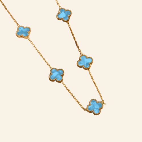Gold plated clover necklace with turquoise blue clover stations